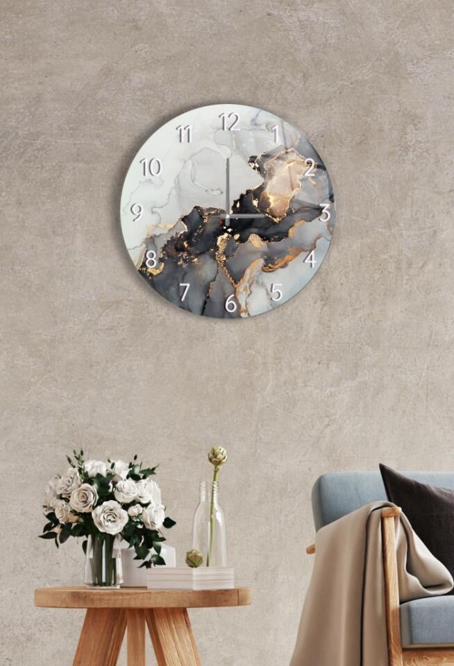 Çap 27cm - Siyah Yaldızlı - Dekoratif Cam Duvar Saati