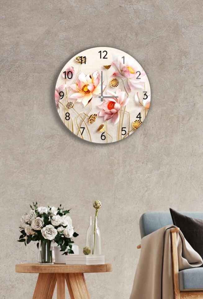 Çap 27cm - Ballı Çiçekler - Dekoratif Cam Duvar Saati