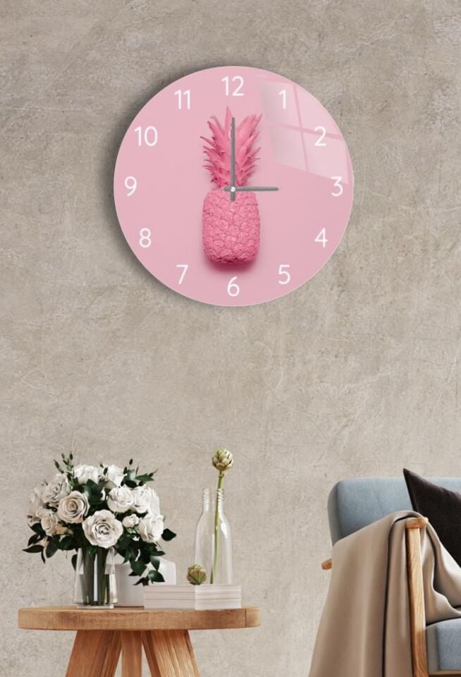 Çap 27cm - Pembe Ananas - Dekoratif Cam Duvar Saati