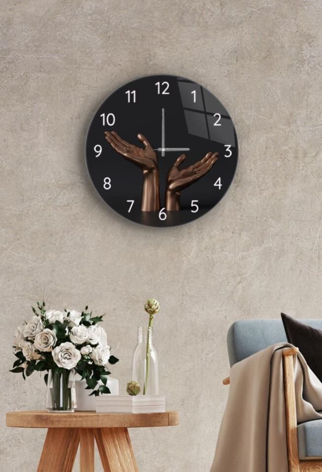 Çap 27cm - Bronz El - Dekoratif Cam Duvar Saati