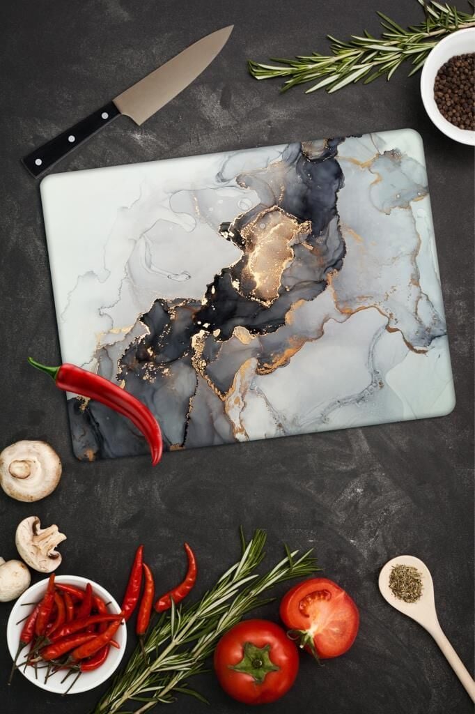 29x34 cm Cam Kesme Tahtası Siyah Yaldızlı Mermer