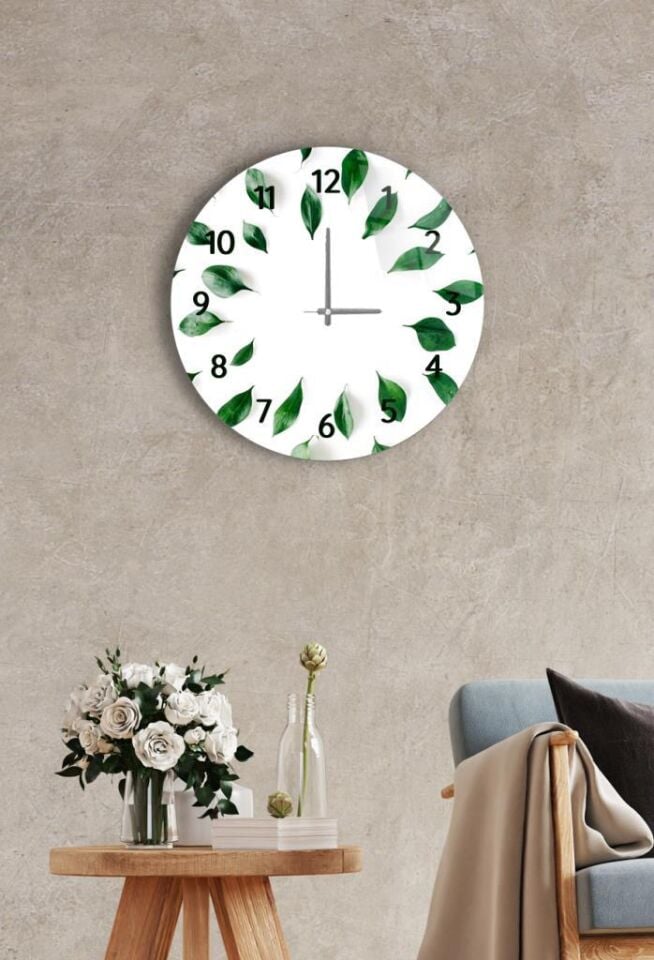Çap 27cm - Beyaz Yeşil Yaprakları - Dekoratif Cam Duvar Saati