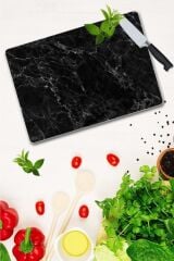 30x40 cm Cam Kesme Tahtası Siyah Mermer Desenli