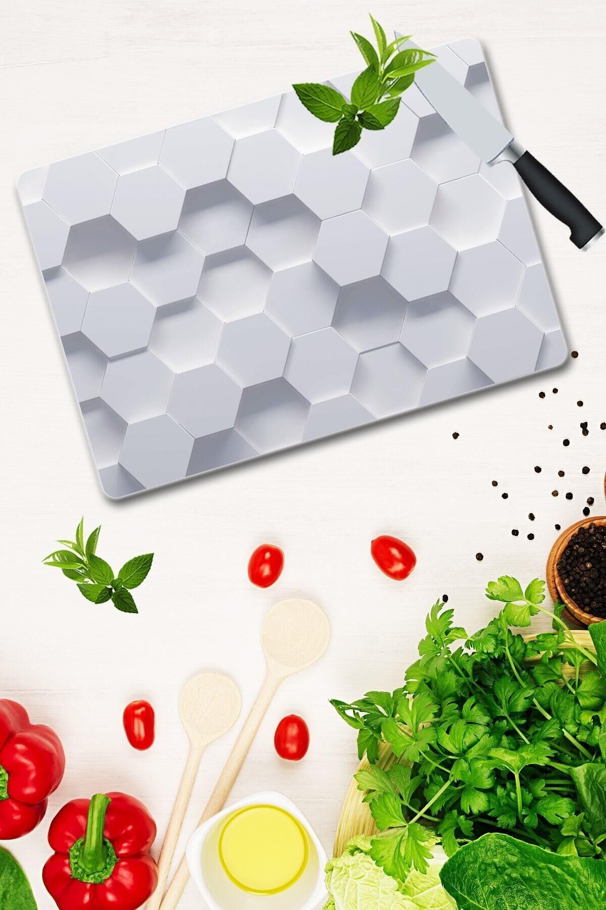 30x40 cm Cam Kesme Tahtası Beyaz Altıgen