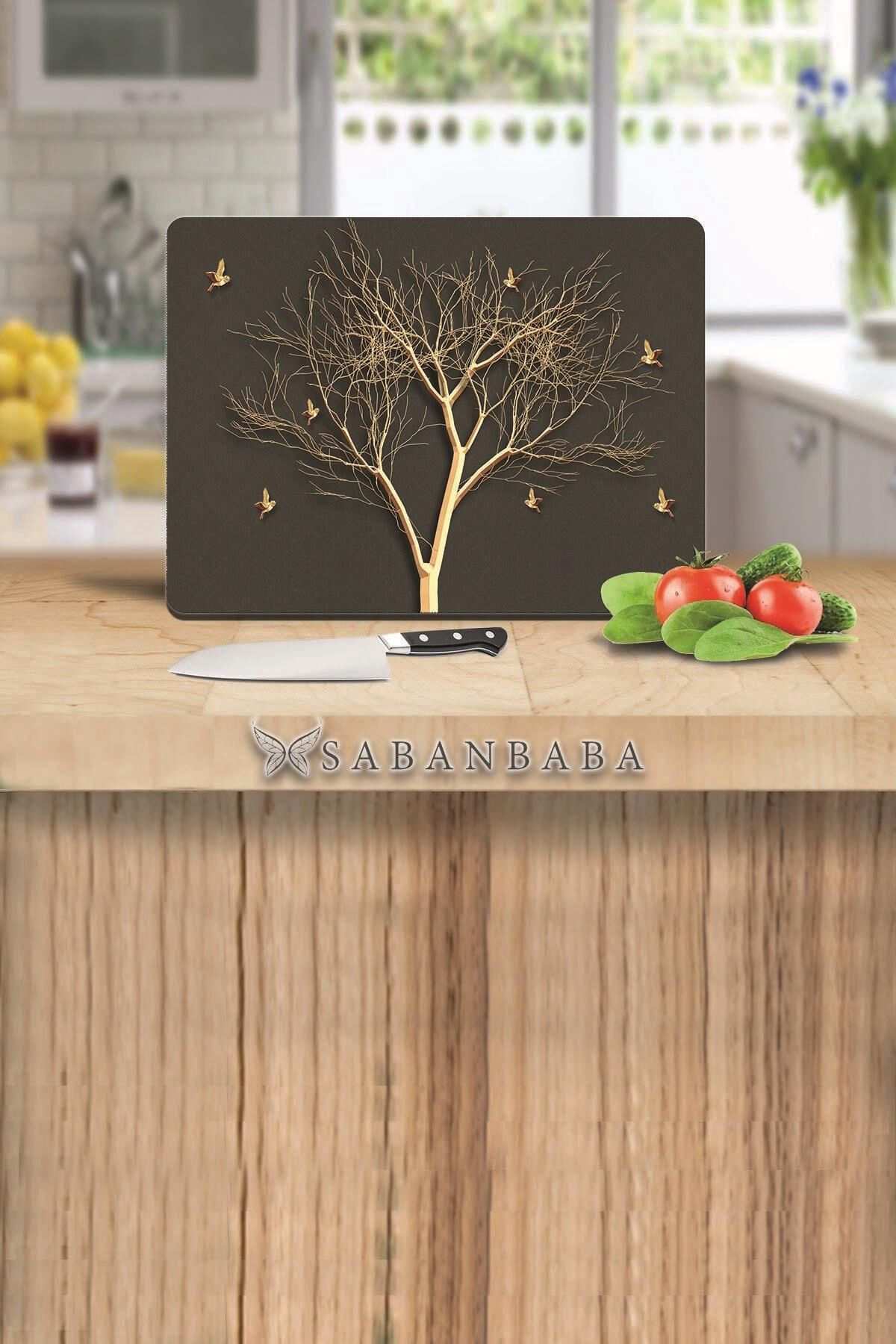 30x40 cm Cam Kesme Tahtası Altın Ağaç