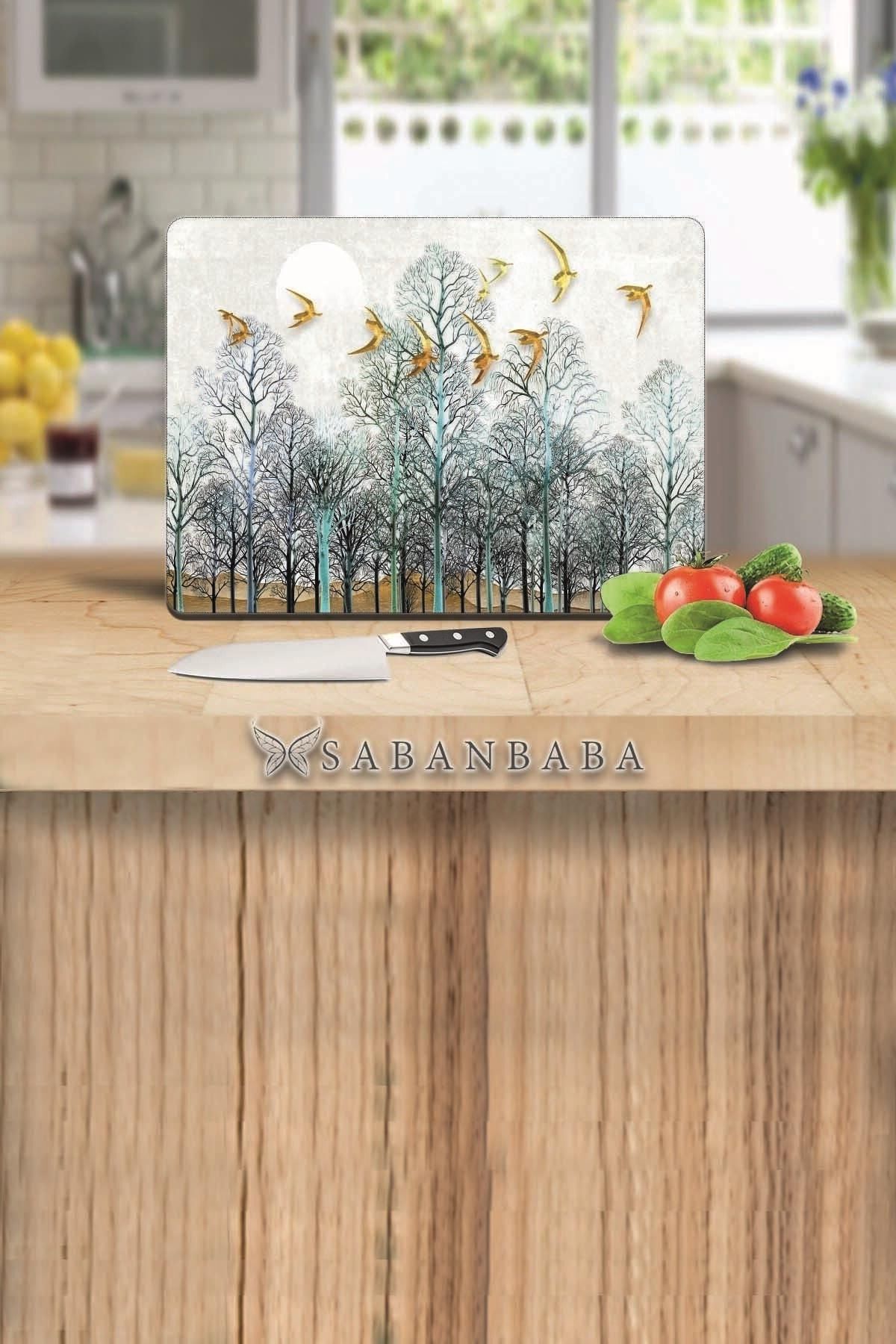 30x40 cm Cam Kesme Tahtası Altın Kuşlar