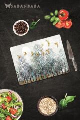 30x40 cm Cam Kesme Tahtası Altın Kuşlar