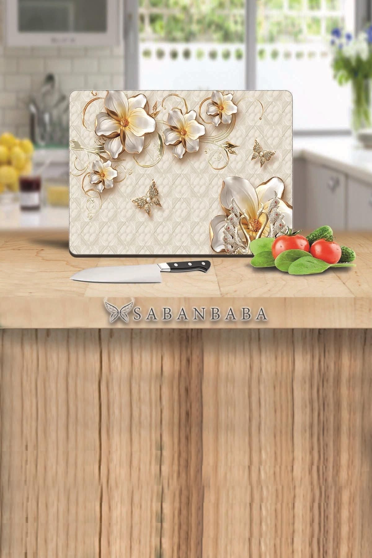 30x40 cm Cam Kesme Tahtası Altın Çiçek