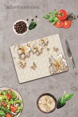 30x40 cm Cam Kesme Tahtası Altın Çiçek