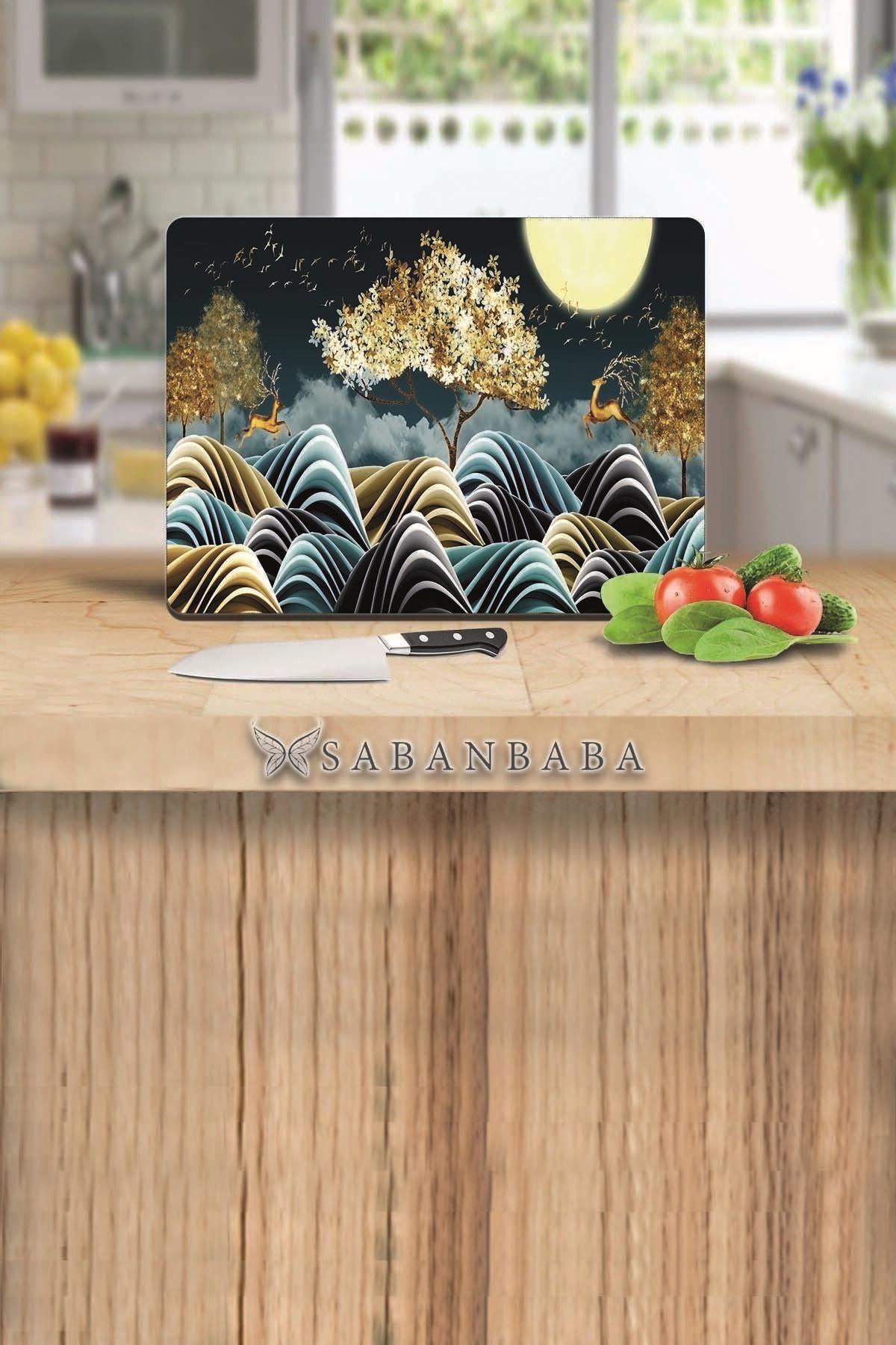 30x40 cm Cam Kesme Tahtası Altın Ağaç & Geyikler