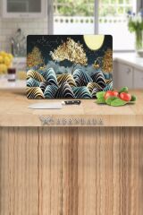 30x40 cm Cam Kesme Tahtası Altın Ağaç & Geyikler