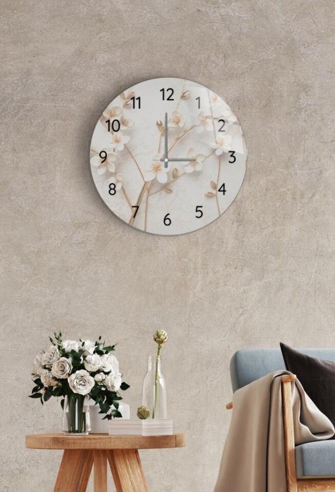 Çap 27cm - Yapay Güller - Dekoratif Cam Duvar Saati