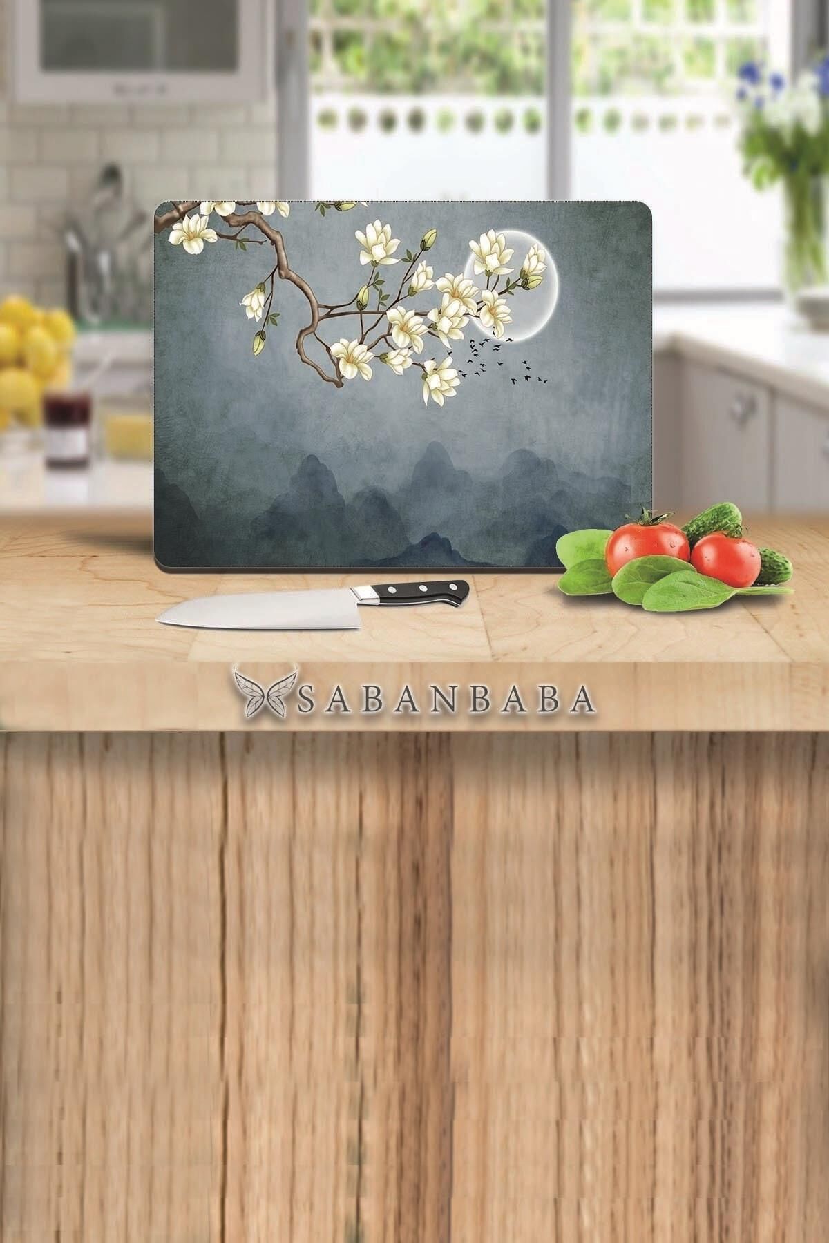 30x40 cm Cam Kesme Tahtası Ay & Çiçekler