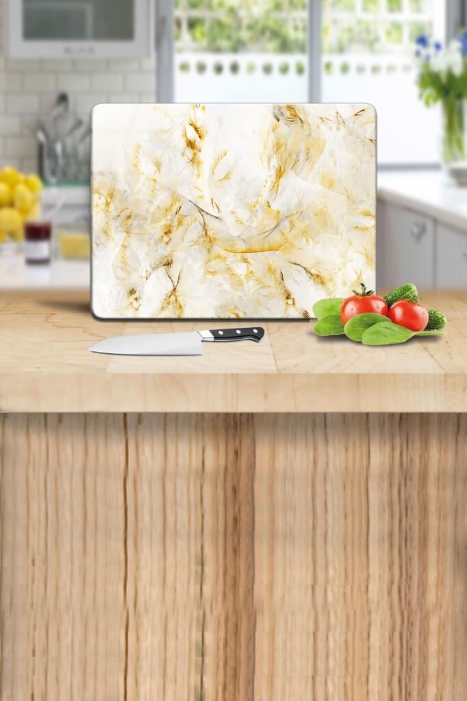 30x40 cm Cam Kesme Tahtası Beyaz Altın Desenli