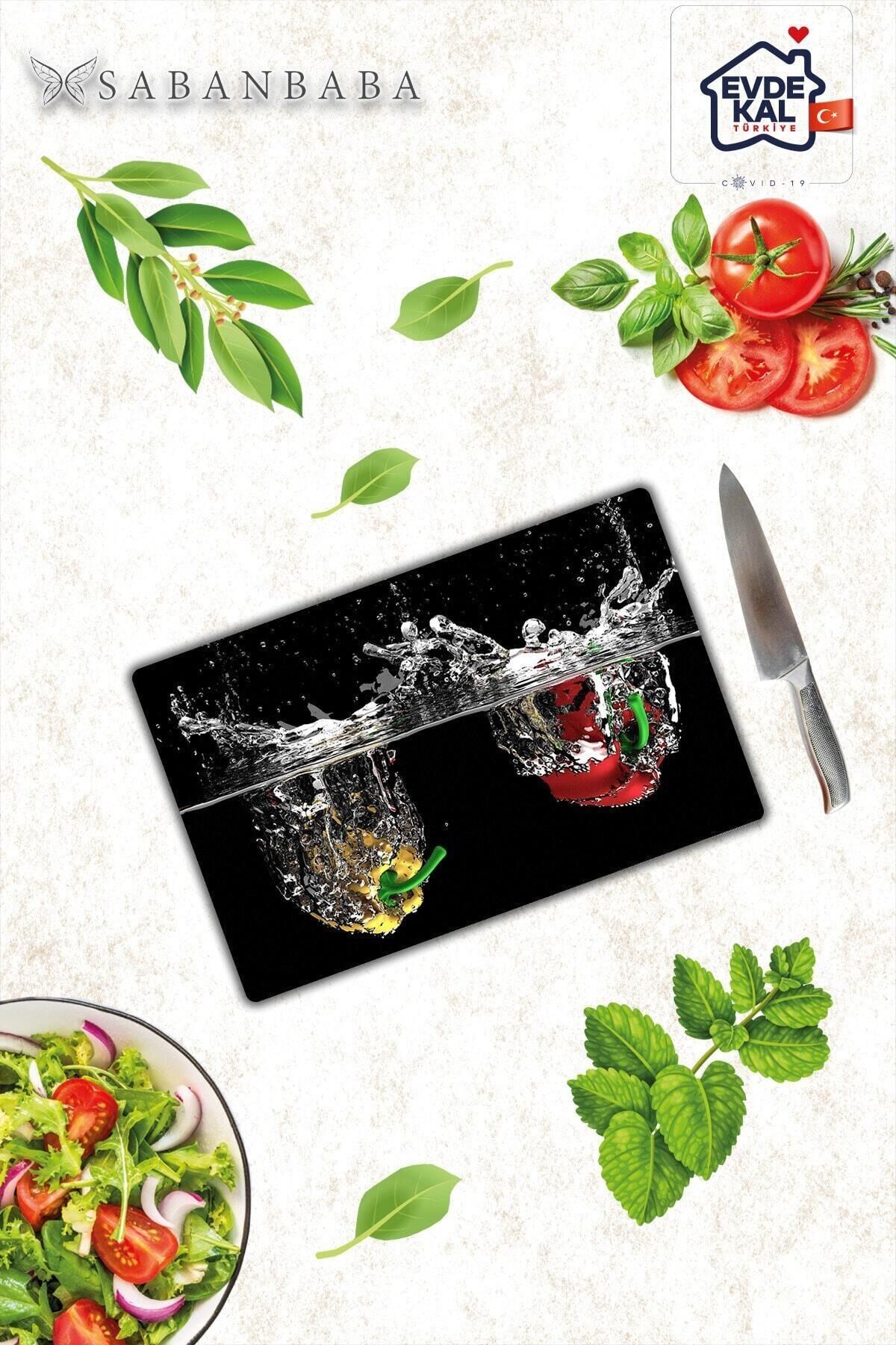 20x30 cm Cam Kesme Tahtası Biber ve Su