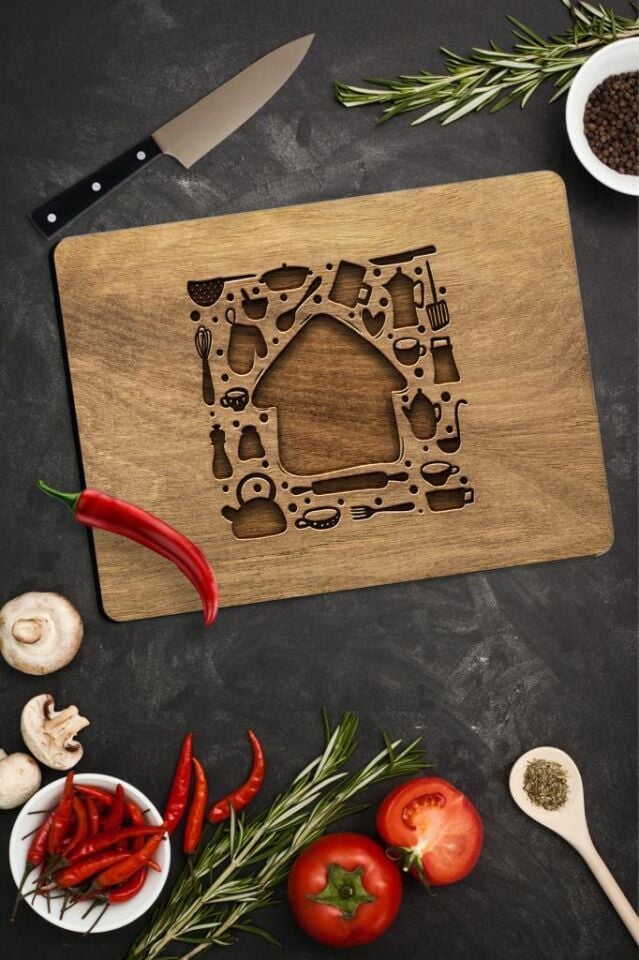 30x40cm - Ahşap Ev Desenli - Cam Kesme Tahtası