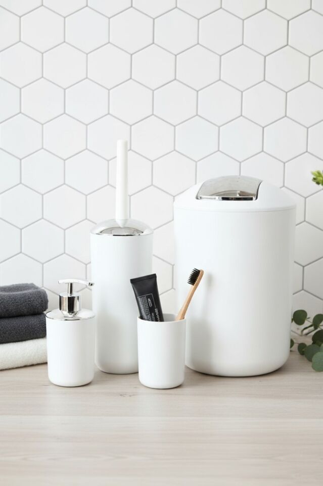 4'lü Beyaz, Banyo Aksesuar Seti, Çöp Kovası Seti - Brazil Model