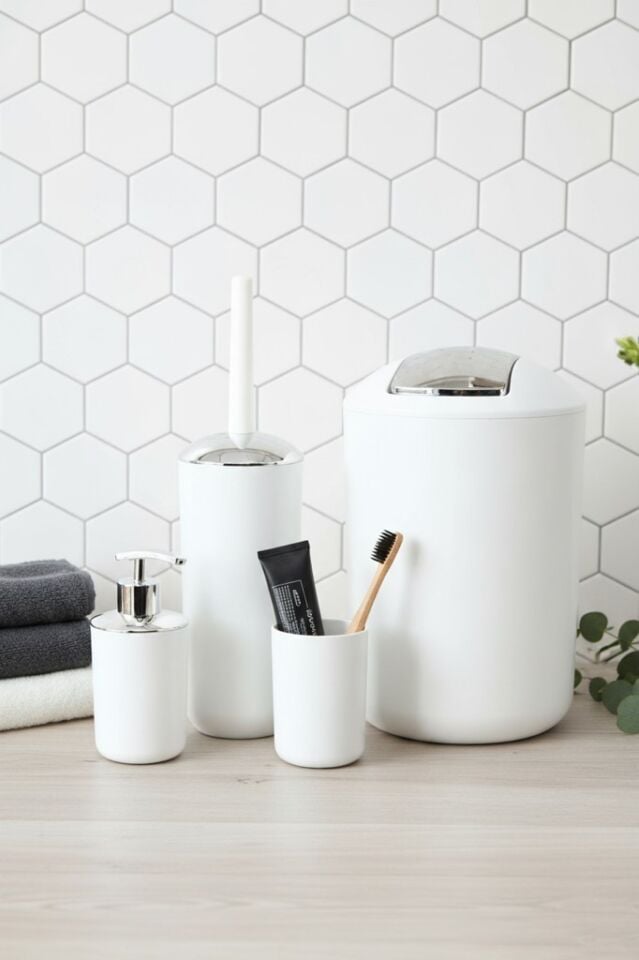 4'lü Beyaz, Banyo Aksesuar Seti, Çöp Kovası Seti - Brazil Model