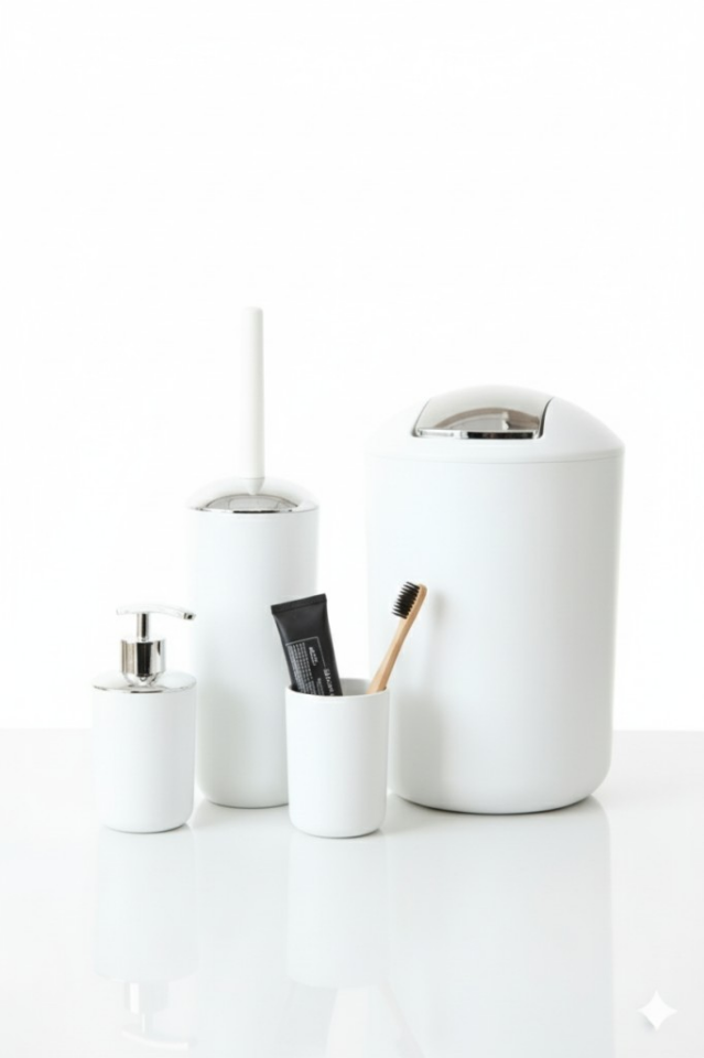 4'lü Beyaz, Banyo Aksesuar Seti, Çöp Kovası Seti - Brazil Model