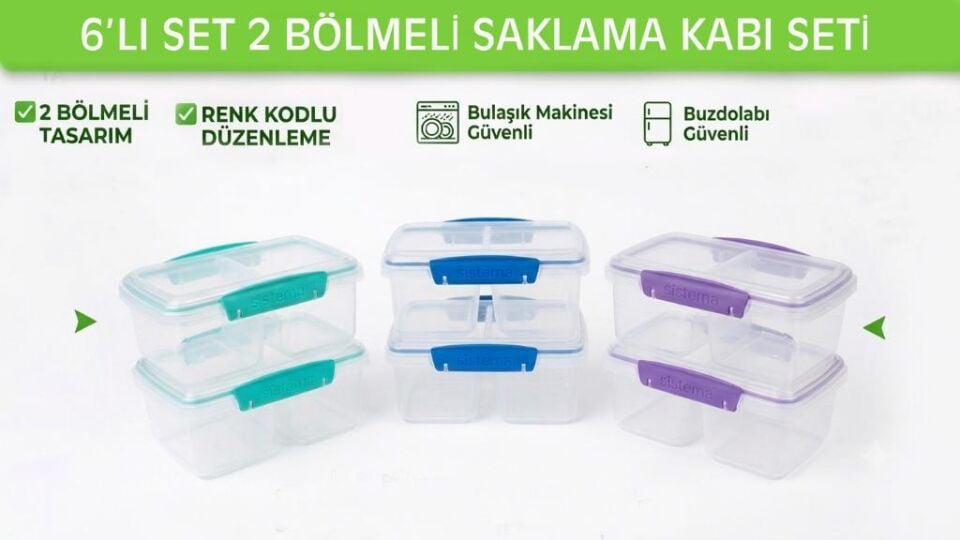 6'lı Set 2 Bölmeli Saklama Kabı Seti – Kilitli Kapaklı Gıda Saklama Kutusu