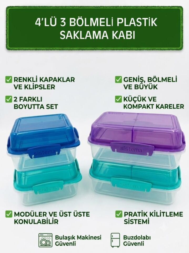 4'li Set 3 Bölmeli Saklama Kabı Seti – Kilitli Kapaklı Gıda Saklama Kutusu