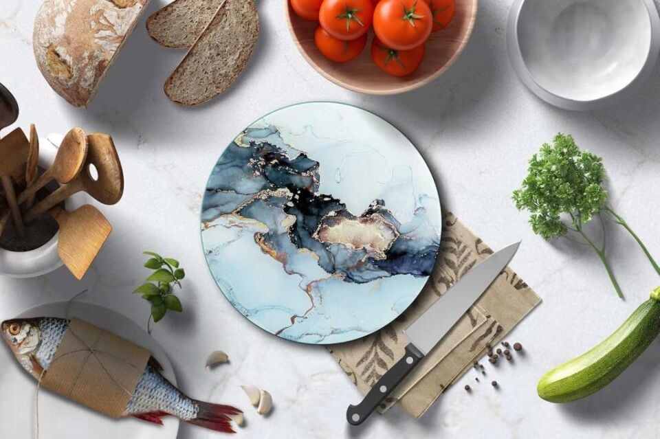 Çap 32cm - Siyah Yaldızlı Mermer - Cam Kesme Tahtası