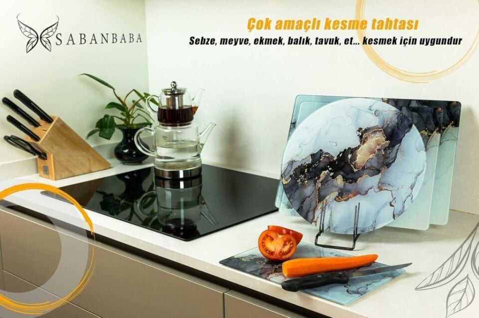 Çap 32cm - Siyah Yaldızlı Mermer - Cam Kesme Tahtası