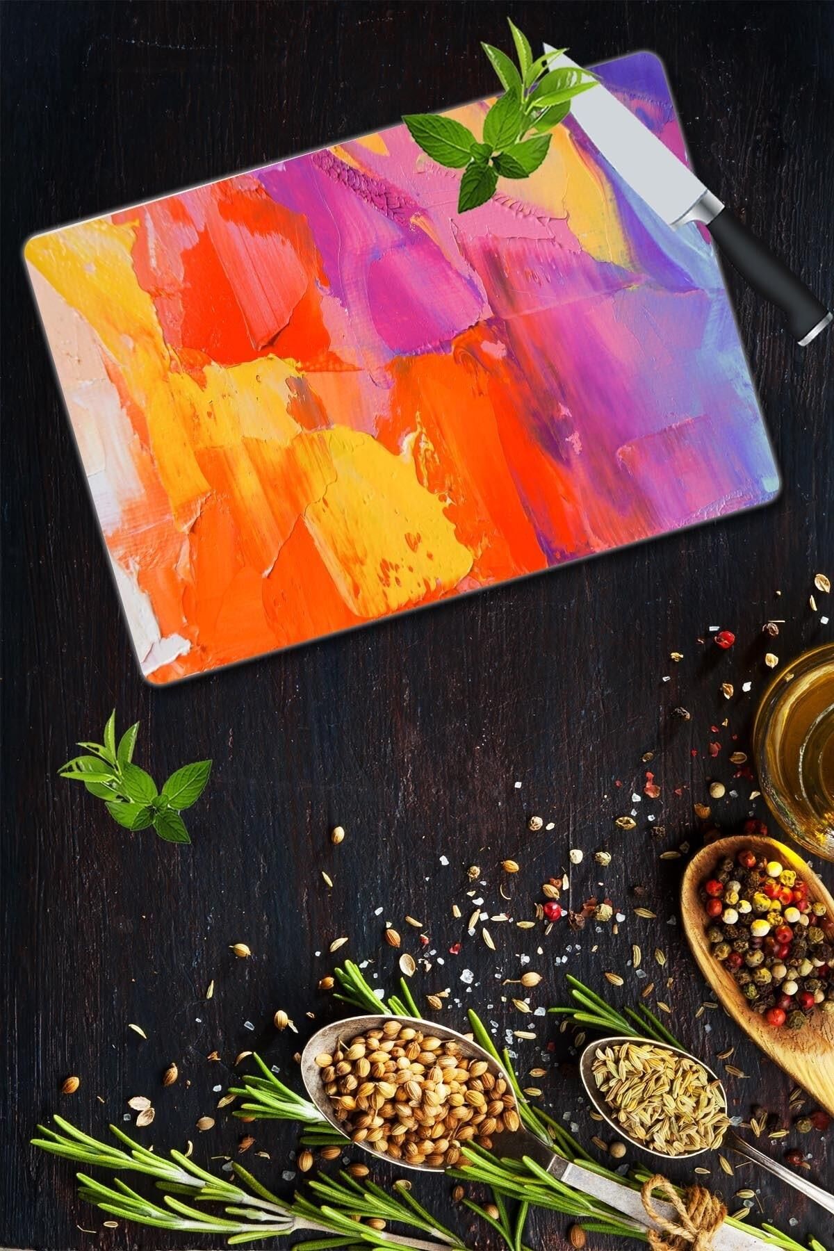 30x40 cm Cam Kesme Tahtası Gökkuşağı Desenli