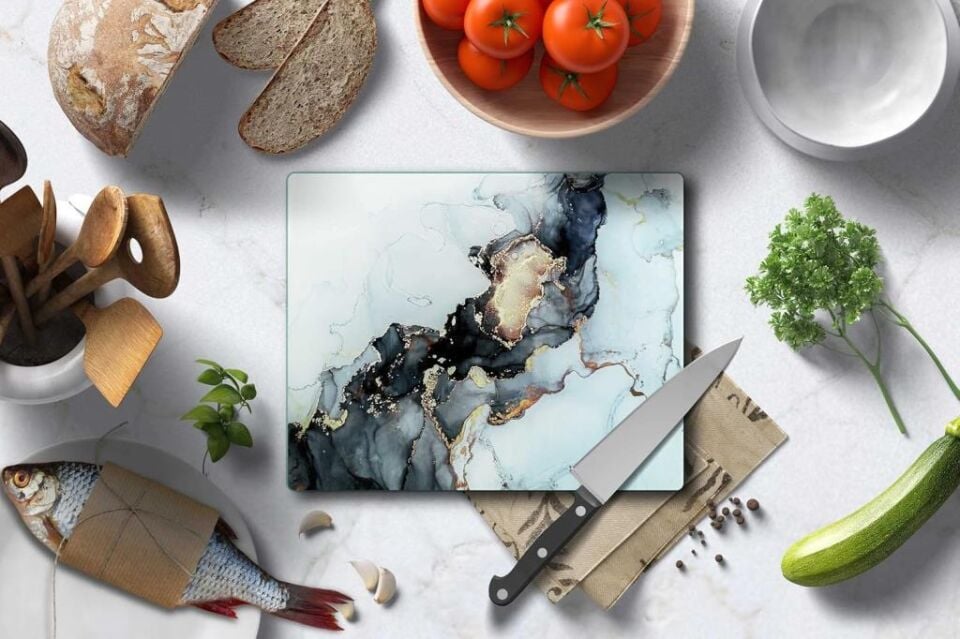 29x34cm - Siyah Yaldızlı Mermer - Cam Kesme Tahtası