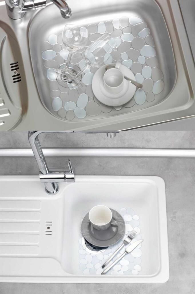 WENKO Stone Şeffaf lavabo aparatı, bulaşık ve lavabolardaki çizilmelere karşı koruma sağlar