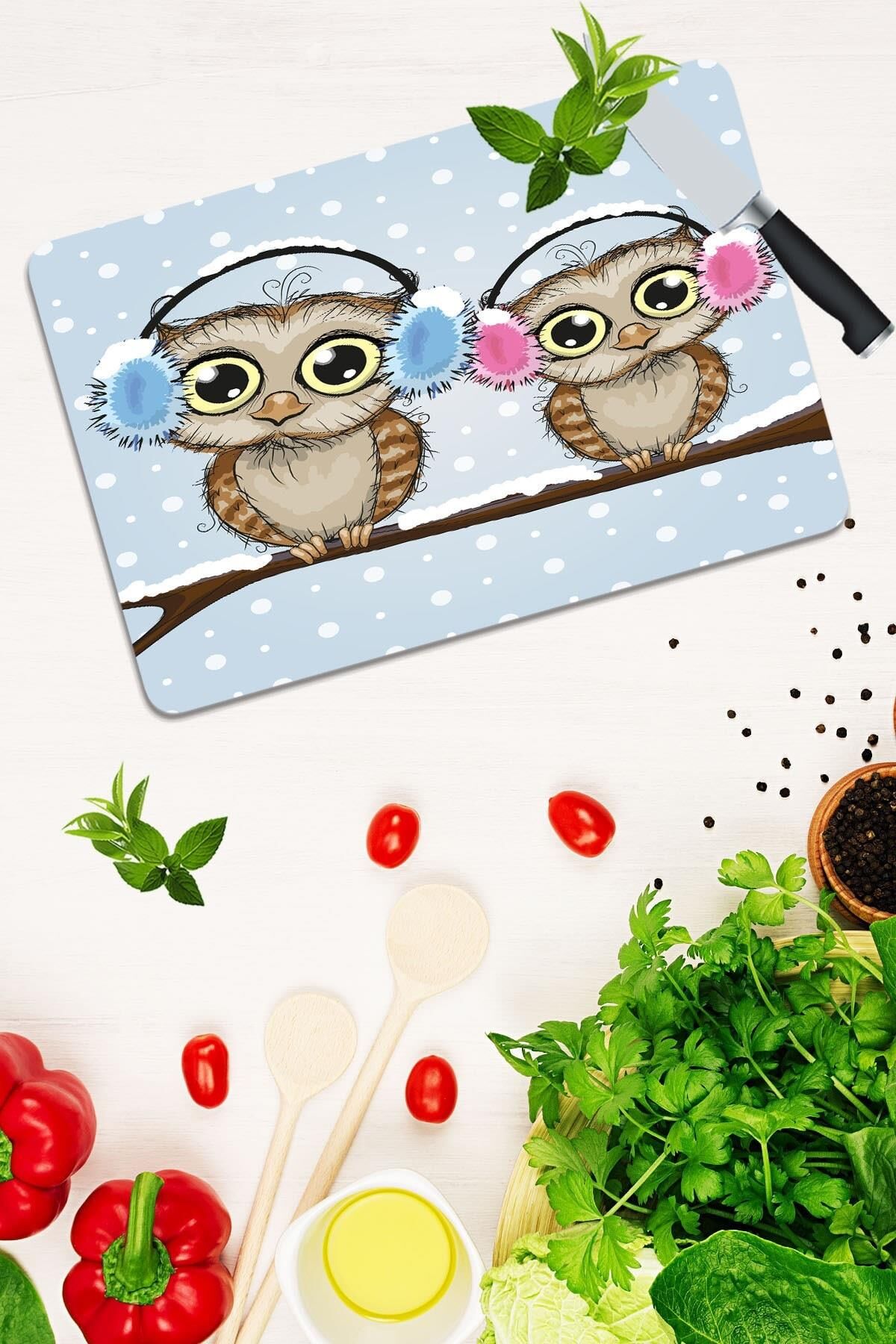 30x40 cm Cam Kesme Tahtası İkili Baykuş