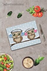 30x40 cm Cam Kesme Tahtası İkili Baykuş