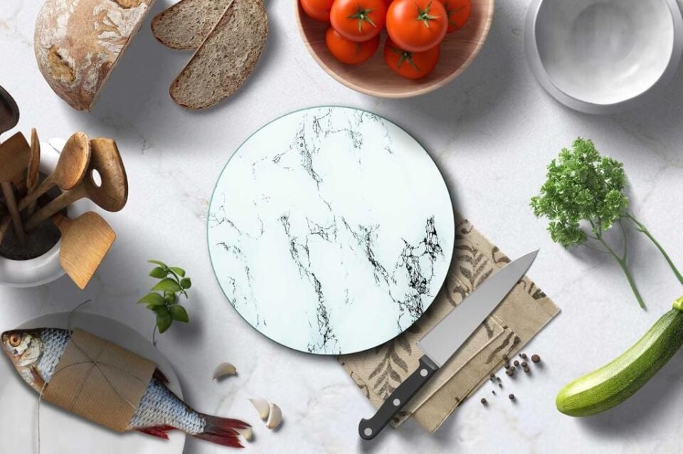Çap 32cm - Beyaz Mermer - Cam Kesme Tahtası