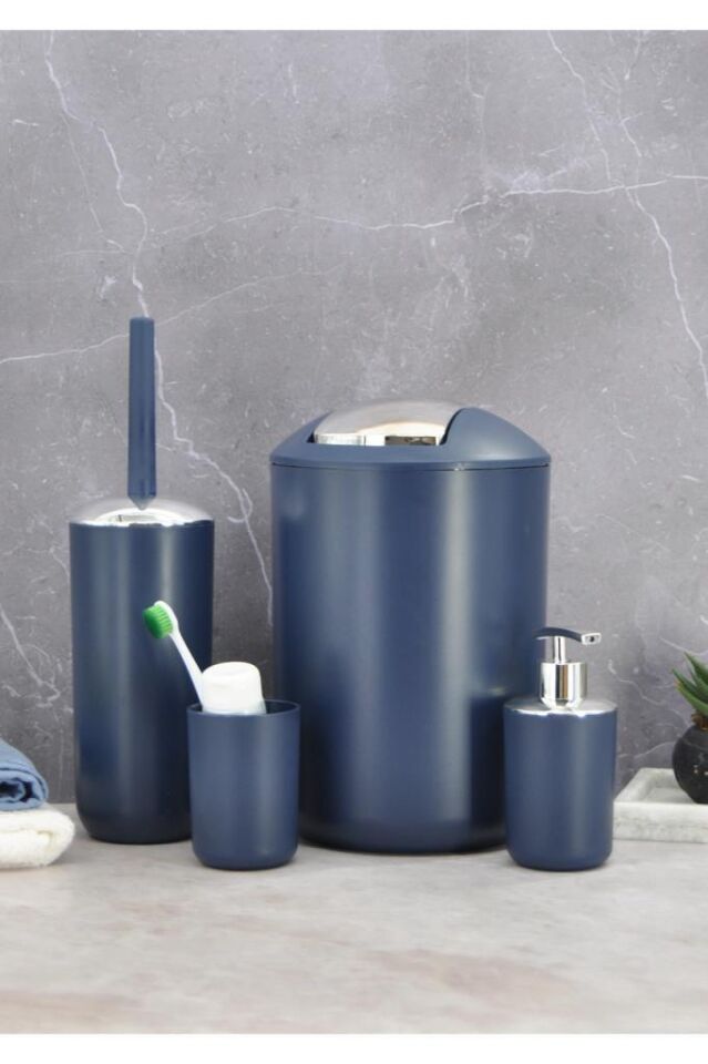 4'lü Lacivert, Banyo Aksesuar Seti, Çöp Kovası Seti - Brazil Model