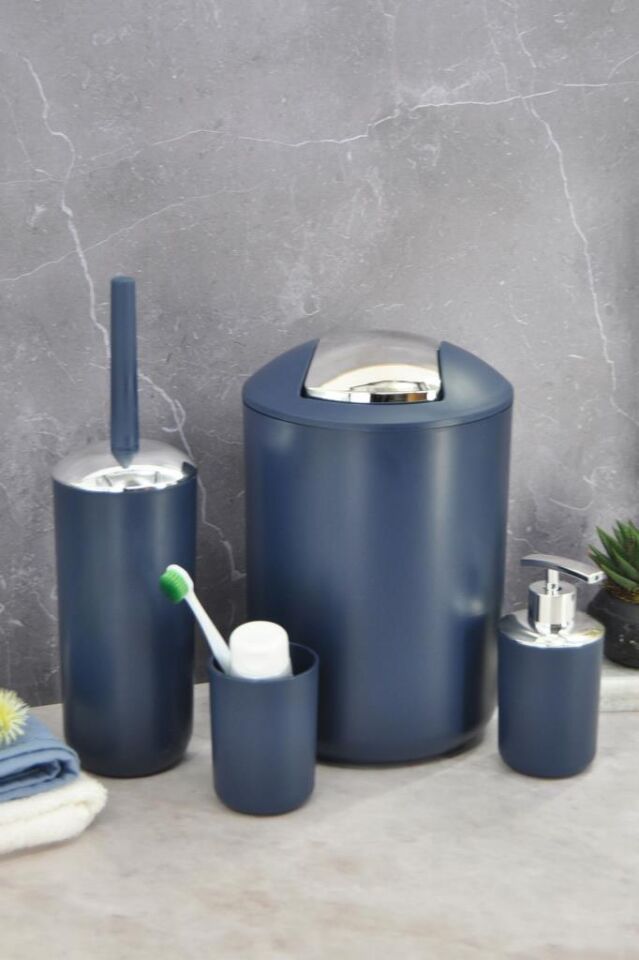 4'lü Lacivert, Banyo Aksesuar Seti, Çöp Kovası Seti - Brazil Model