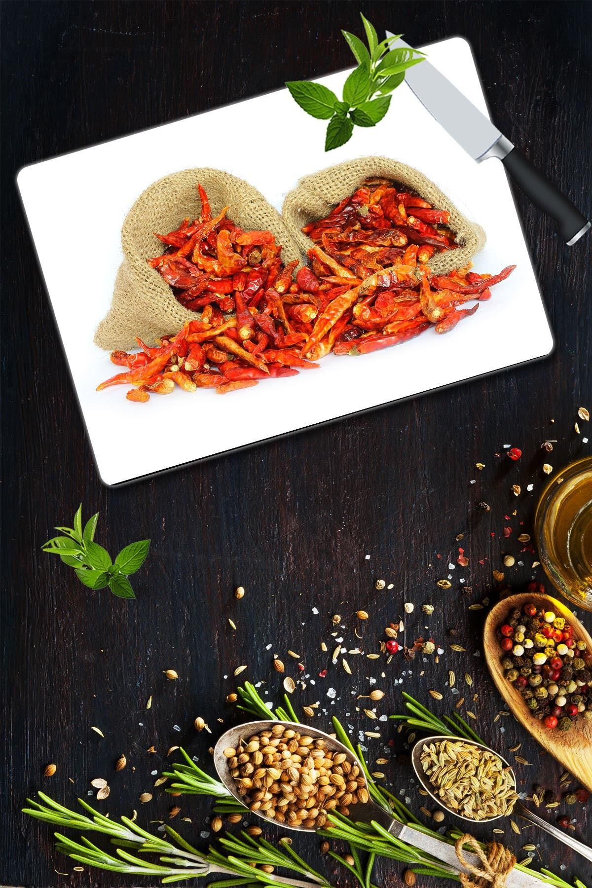 30x40 cm Cam Kesme Tahtası Kurutulmuş Biber Desenli