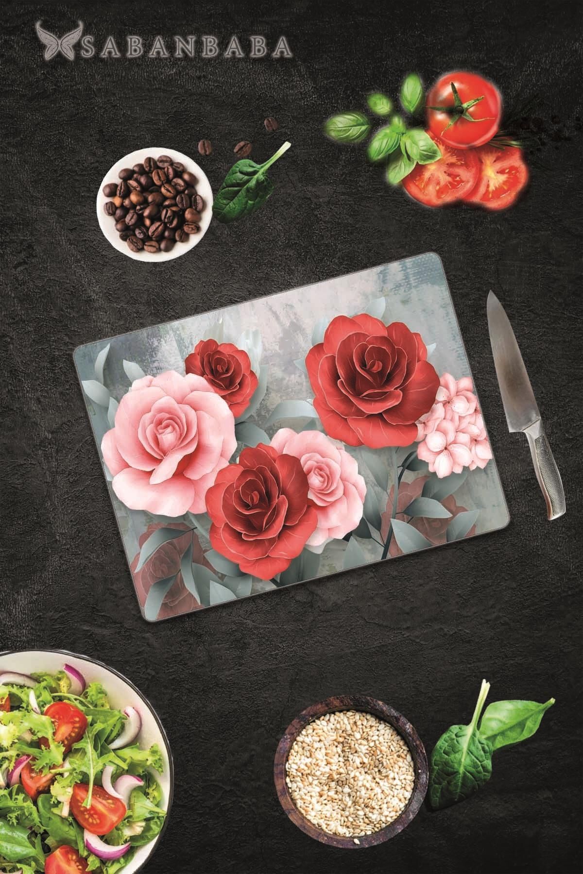 30x40 cm Cam Kesme Tahtası Kırmızı & Pembe Gül