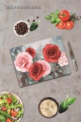 30x40 cm Cam Kesme Tahtası Kırmızı & Pembe Gül
