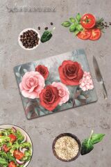 30x40 cm Cam Kesme Tahtası Kırmızı & Pembe Gül