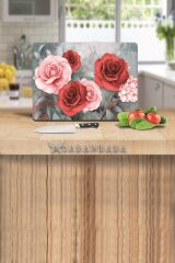 30x40 cm Cam Kesme Tahtası Kırmızı & Pembe Gül