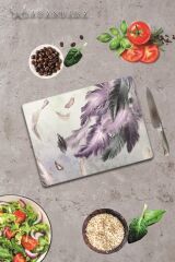 30x40 cm Cam Kesme Tahtası Kuş Tüyü  Desenli