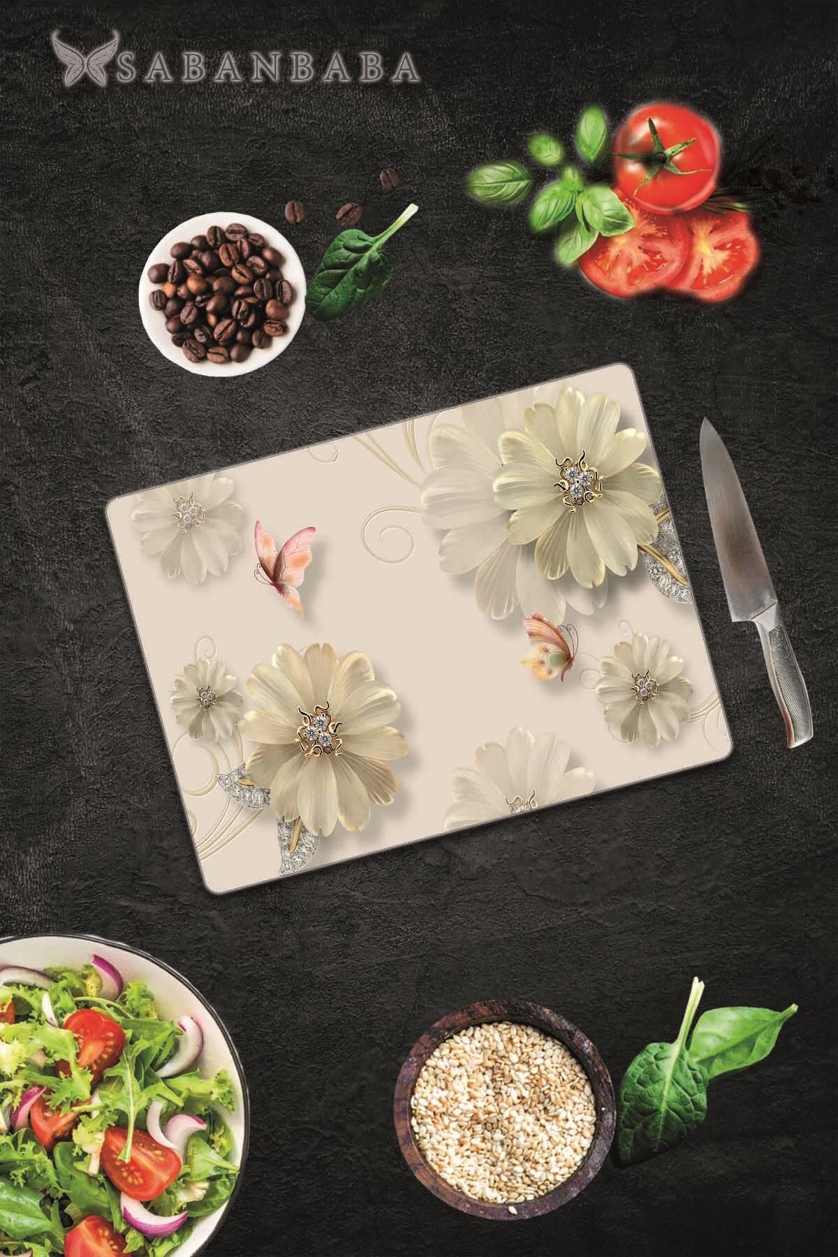 30x40 cm Cam Kesme Tahtası Kelebek &  Çiçekler