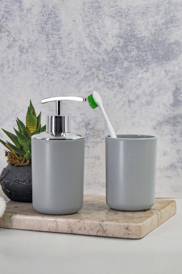 2'li Set Gri, Diş Fırçalık Ve Sıvı Sabunluk - Brasil Model
