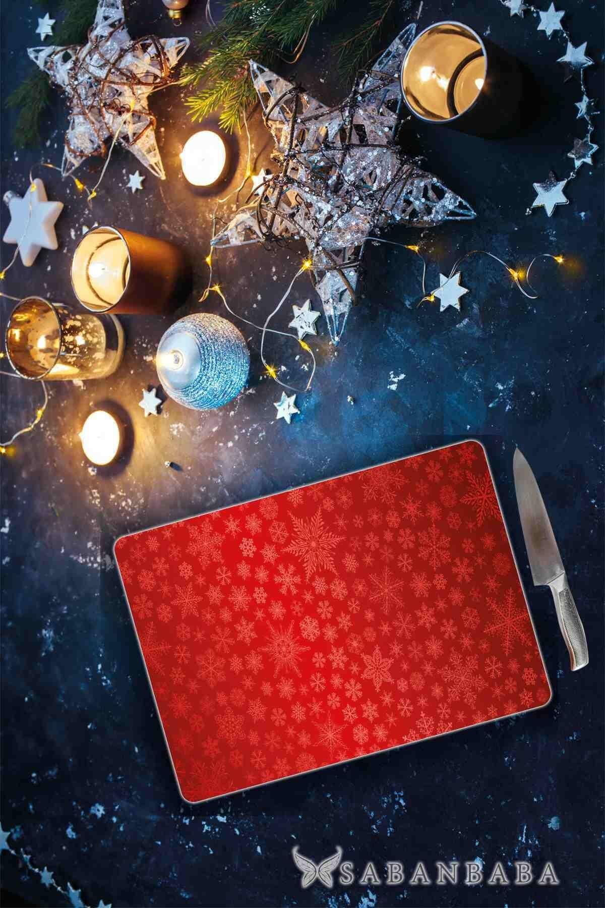 30x40 cm Cam Kesme Tahtası Kırmızı Noel