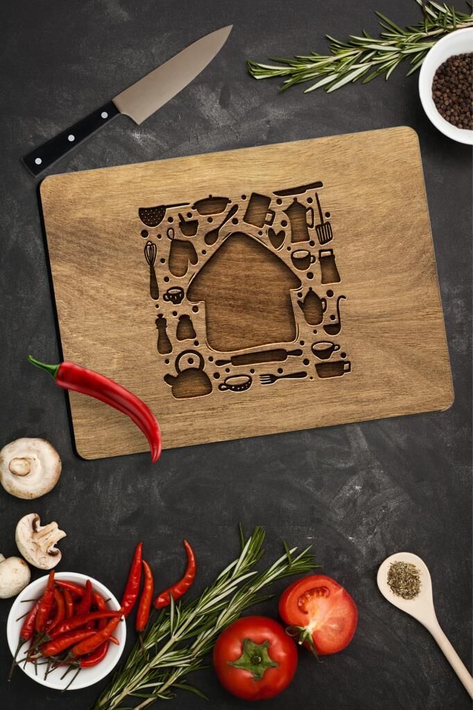 29x34 cm Cam Kesme Tahtası Ahşap Ev Desenli