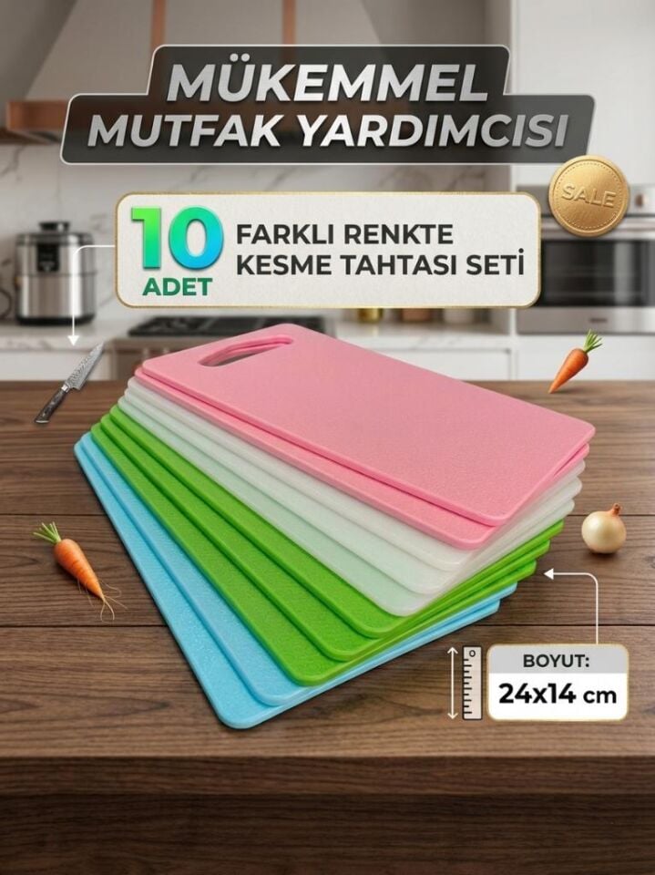 10'lu Plastik Kesme Tahtası Seti 24x14 cm – Çeşitli Renklerde Mutfak Doğrama ve Kesme Tahtası