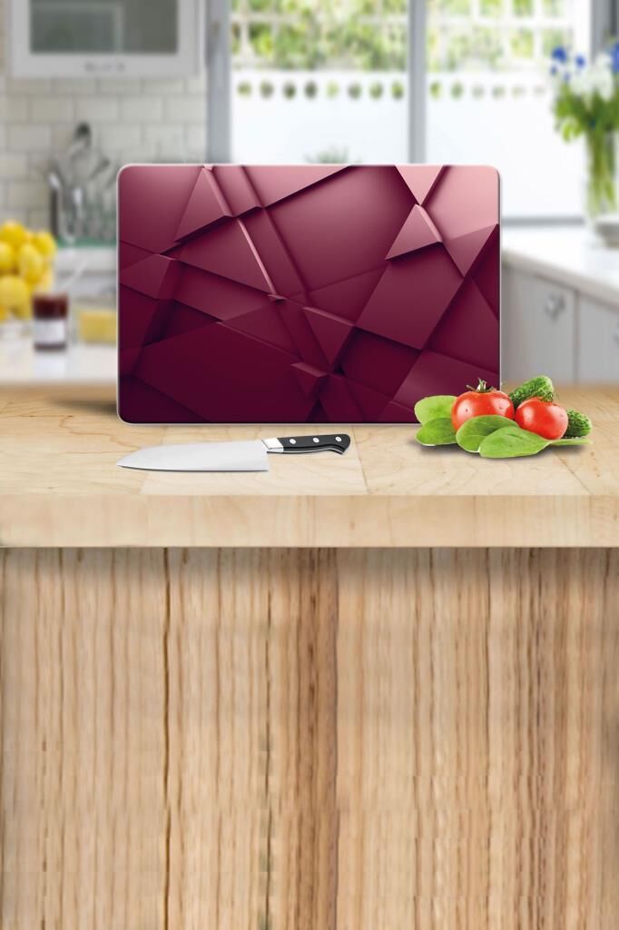 20x30 cm Cam Kesme Tahtası Kırmızı Üçgen Desenli
