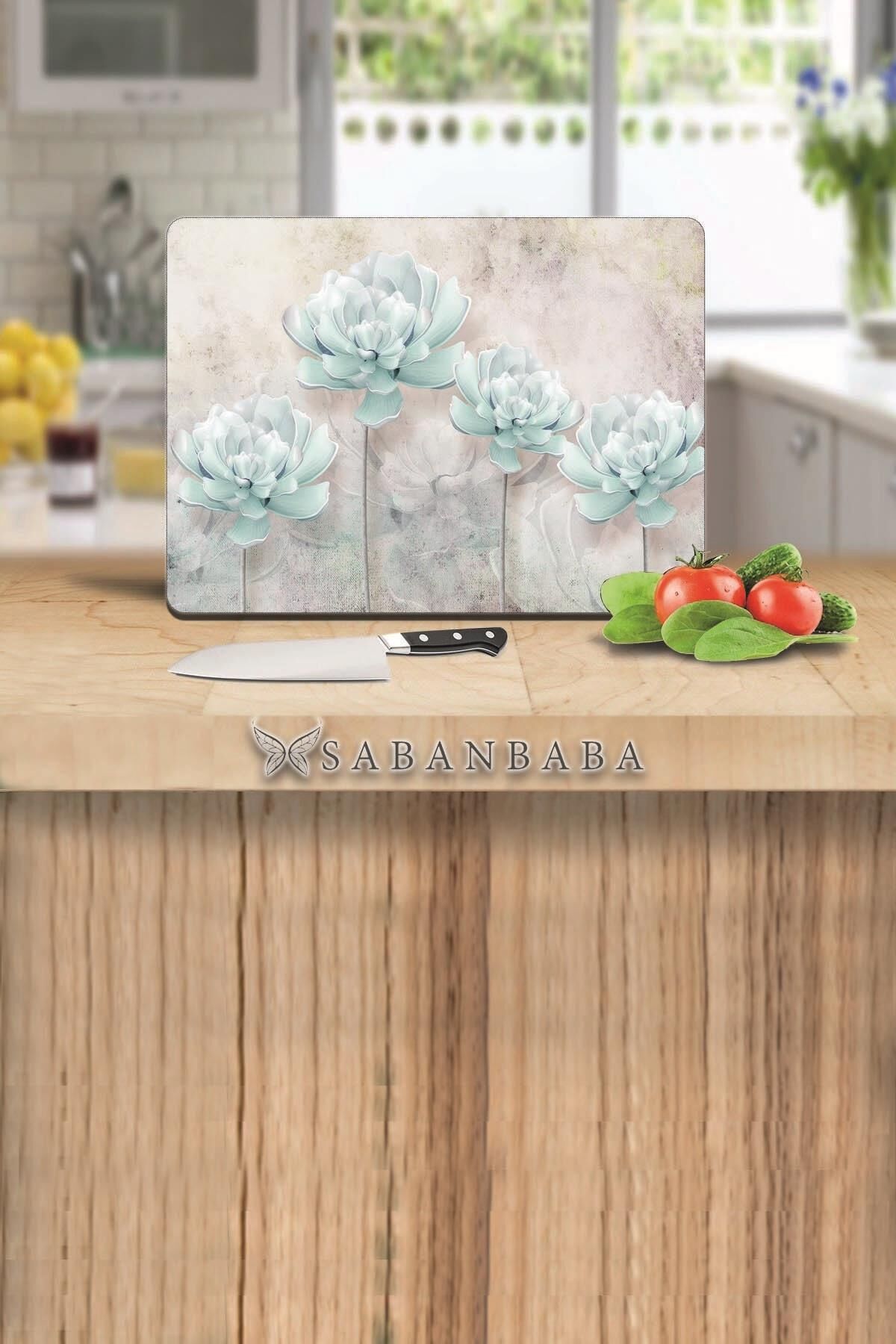 30x40 cm Cam Kesme Tahtası Mavi Çiçekler