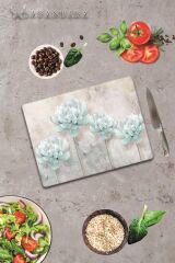 30x40 cm Cam Kesme Tahtası Mavi Çiçekler