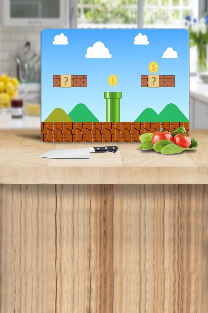 30x40 cm Cam Kesme Tahtası Mario Desenli